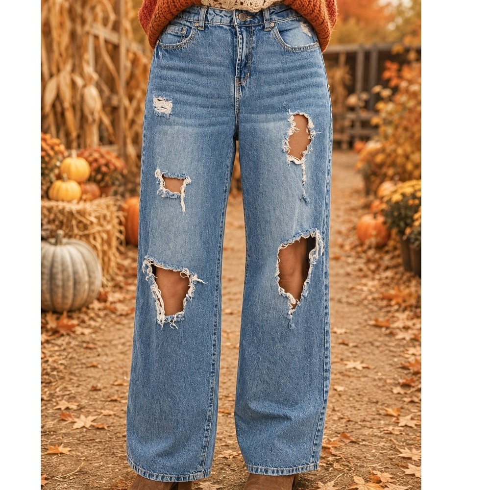 Indigo Rein Womens Distressed Wide Leg Jeans Medium Wash Blue Size 9 Ankle Boho